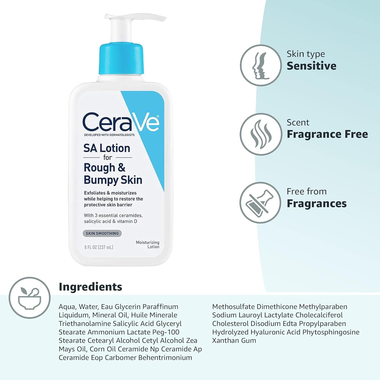 CeraVe SA Lotion for Rough & Bumpy Skin | Vitamin D, Hyaluronic Acid, Lactic Acid & Salicylic Acid Lotion | Fragrance Free & Allergy Tested | 8 Ounce