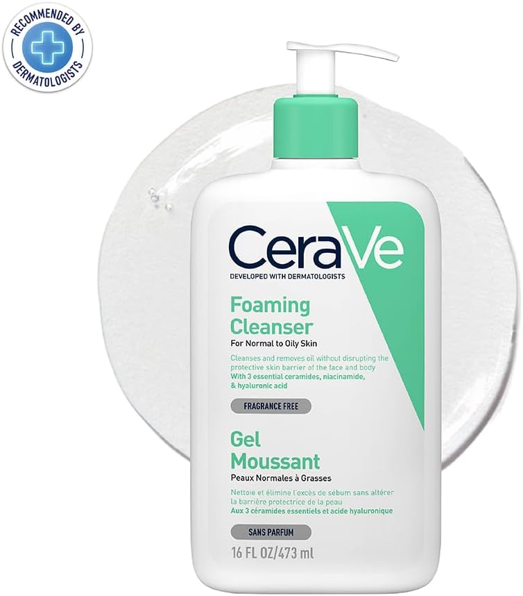 CeraVe Foaming Cleanser  Face and Body Wash for Normal to Oily Skin with Hyaluronic Acid, Niacinamide and Ceramides Fragrance Free Paraben Free  16Oz, 473 ML