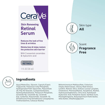 CeraVe Anti Aging Retinol Serum 1 Ounce Cream Serum for Smoothing Fine Lines and Skin Brightening Fragrance Free, 1 Fl Oz