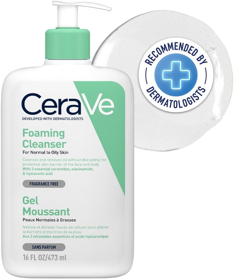 CeraVe Foaming Cleanser  Face and Body Wash for Normal to Oily Skin with Hyaluronic Acid, Niacinamide and Ceramides Fragrance Free Paraben Free  16Oz, 473 ML