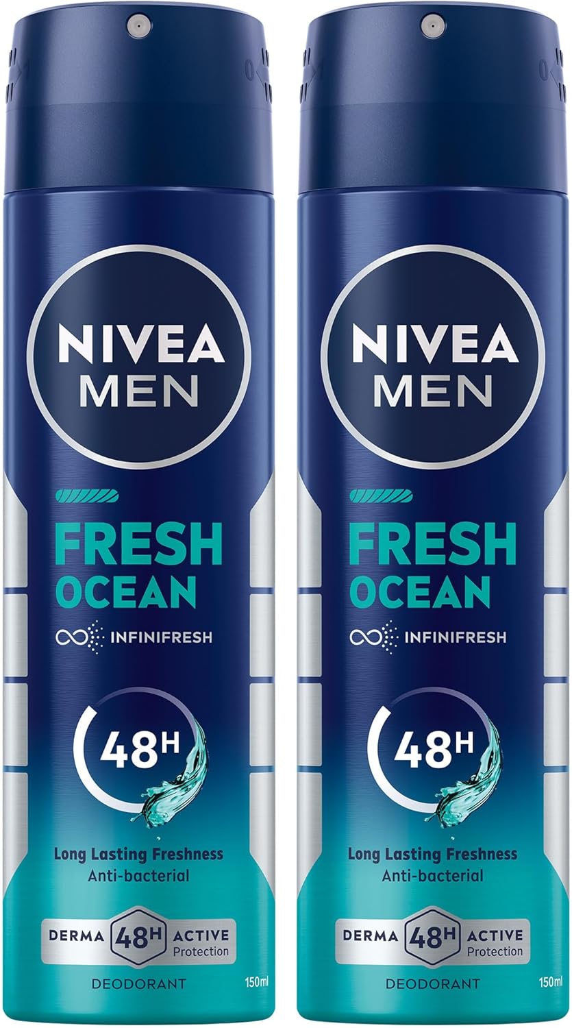 NIVEA MEN Antibacterial Deodorant Spray for Men, Fresh Ocean, 48H Active Protection, with Infini Fresh Formula, Long-Lasting Freshness, 2x150ml, Dual Pack