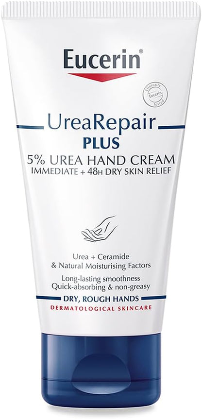 Eucerin UreaRepair Plus 5% Urea Hand Cream with Ceramides, Daily Moisture, Suitable for Mature & Diabetic, Instant 48-Hour Relief for Dry & Rough Skin, 75ml