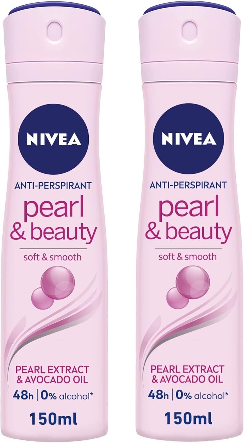 NIVEA Pearl & Beauty Antiperspirant Deodorant Spray for Women, Soft & Smooth, 48H Active Protection, 0% Alcohol, with Pearl Extract and Avocado Oil, 2x150ml, Pack of 2