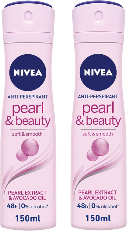 NIVEA Pearl & Beauty Antiperspirant Deodorant Spray for Women, Soft & Smooth, 48H Active Protection, 0% Alcohol, with Pearl Extract and Avocado Oil, 2x150ml, Pack of 2