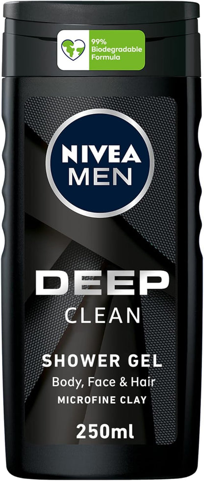 NIVEA MEN 3in1 Shower Gel Body Wash, Cleansing DEEP Micro-Fine Clay, Woody Scent, 250ml