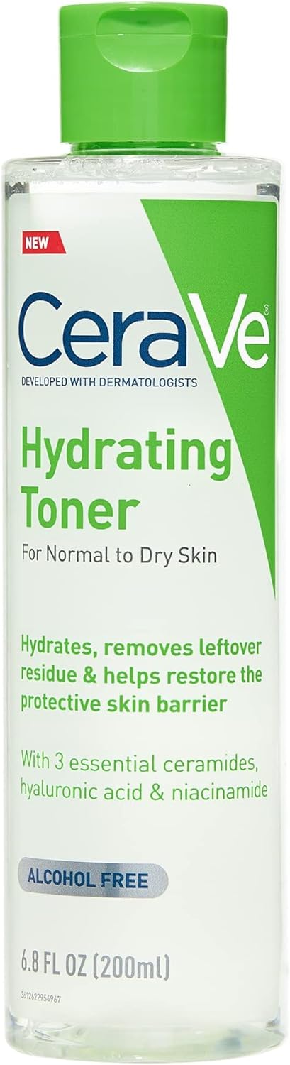 CeraVe Hydrating Toner for Face Non-Alcoholic with Hyaluronic Acid, Niacinamide, and Ceramides for Sensitive Dry Skin, Fragrance-Free Non Comedogenic, Full Size, 6.80 Ounce