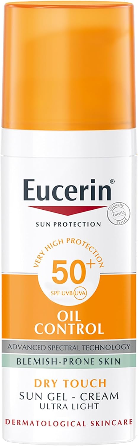 Eucerin Face Sunscreen Oil Control Gel-Cream Dry Touch, High UVA/UVB, SPF 50+, Light Texture Sun Protection, Suitable Under Make-Up, For Blemish-Prone Skin, 50ml