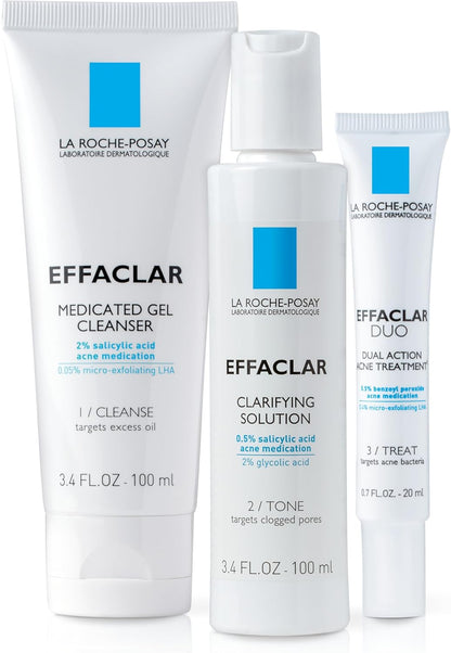 La Roche Posay Effaclar Dermatological 3 Step Acne Treatment System, Salicylic Acid Acne Cleanser, Pore Refining Toner, and Benzoyl Peroxide Acne Spot Treatment for Sensitive Skin, 2-Month Supply