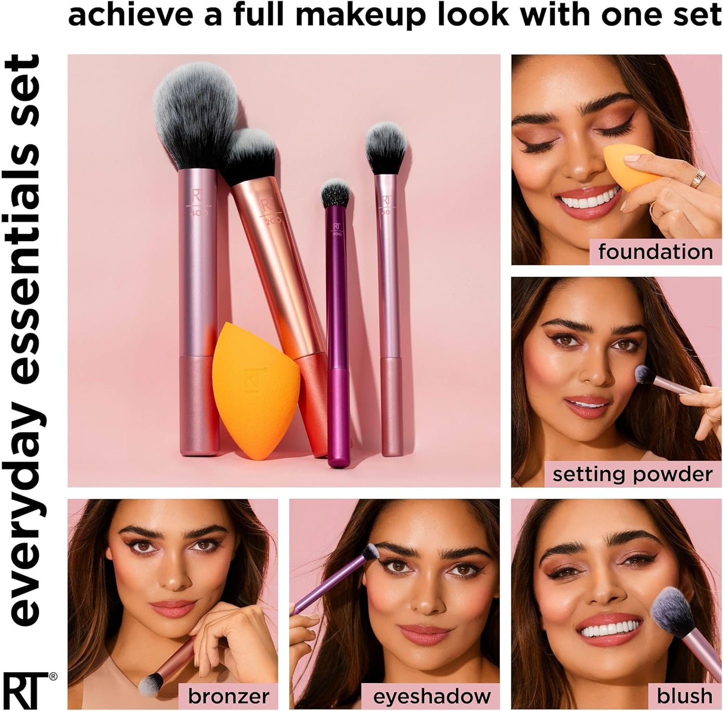 REAL TECHNIQUES The Everyday Essentials set from gives you 5 essential tools to master any look tapered, soft and fluffy bristles. Blend powder blush evenly for a smooth, natural look