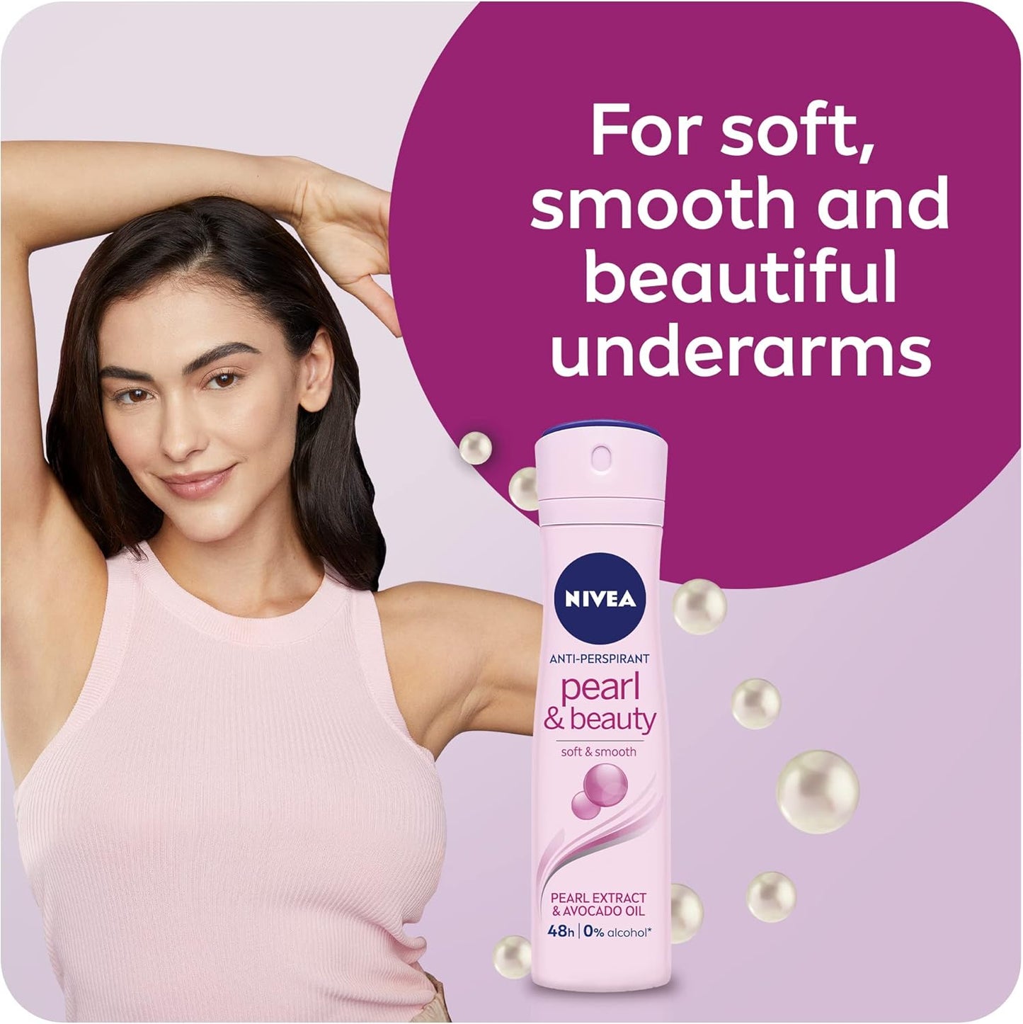 NIVEA Pearl & Beauty Antiperspirant Deodorant Spray for Women, Soft & Smooth, 48H Active Protection, 0% Alcohol, with Pearl Extract and Avocado Oil, 2x150ml, Pack of 2