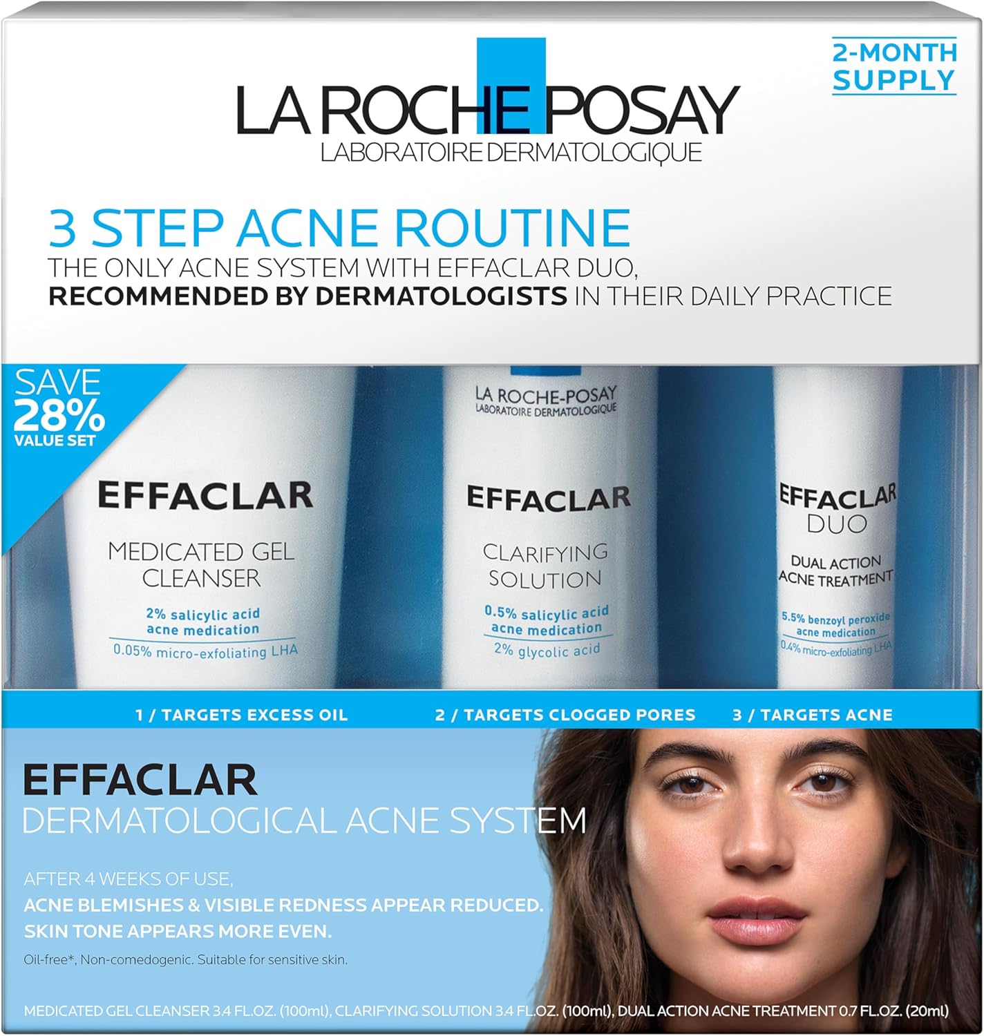 La Roche Posay Effaclar Dermatological 3 Step Acne Treatment System, Salicylic Acid Acne Cleanser, Pore Refining Toner, and Benzoyl Peroxide Acne Spot Treatment for Sensitive Skin, 2-Month Supply