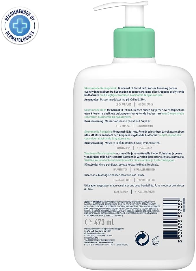 CeraVe Foaming Cleanser  Face and Body Wash for Normal to Oily Skin with Hyaluronic Acid, Niacinamide and Ceramides Fragrance Free Paraben Free  16Oz, 473 ML