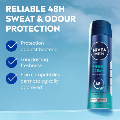 NIVEA MEN Antibacterial Deodorant Spray for Men, Fresh Ocean, 48H Active Protection, with Infini Fresh Formula, Long-Lasting Freshness, 2x150ml, Dual Pack