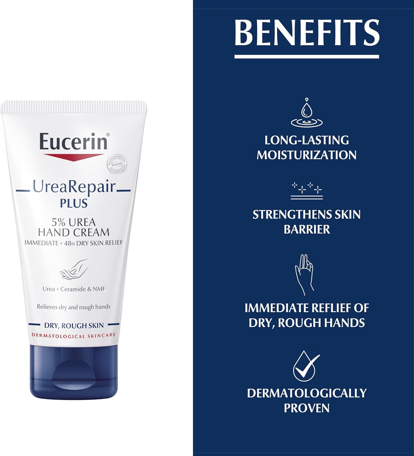 Eucerin UreaRepair Plus 5% Urea Hand Cream with Ceramides, Daily Moisture, Suitable for Mature & Diabetic, Instant 48-Hour Relief for Dry & Rough Skin, 75ml