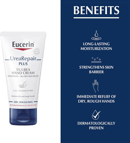 Eucerin UreaRepair Plus 5% Urea Hand Cream with Ceramides, Daily Moisture, Suitable for Mature & Diabetic, Instant 48-Hour Relief for Dry & Rough Skin, 75ml