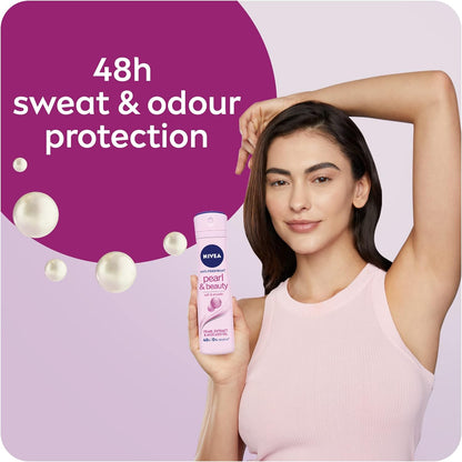 NIVEA Pearl & Beauty Antiperspirant Deodorant Spray for Women, Soft & Smooth, 48H Active Protection, 0% Alcohol, with Pearl Extract and Avocado Oil, 2x150ml, Pack of 2