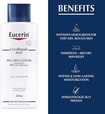 Eucerin UreaRepair Plus 10% Urea Body Lotion with Ceramide, Immediate 48-Hour Relief for Dry Skin, Daily Body Moisturizer for Dehydrated Skin, Suitable for Mature & Diabetic Skin, 250ml