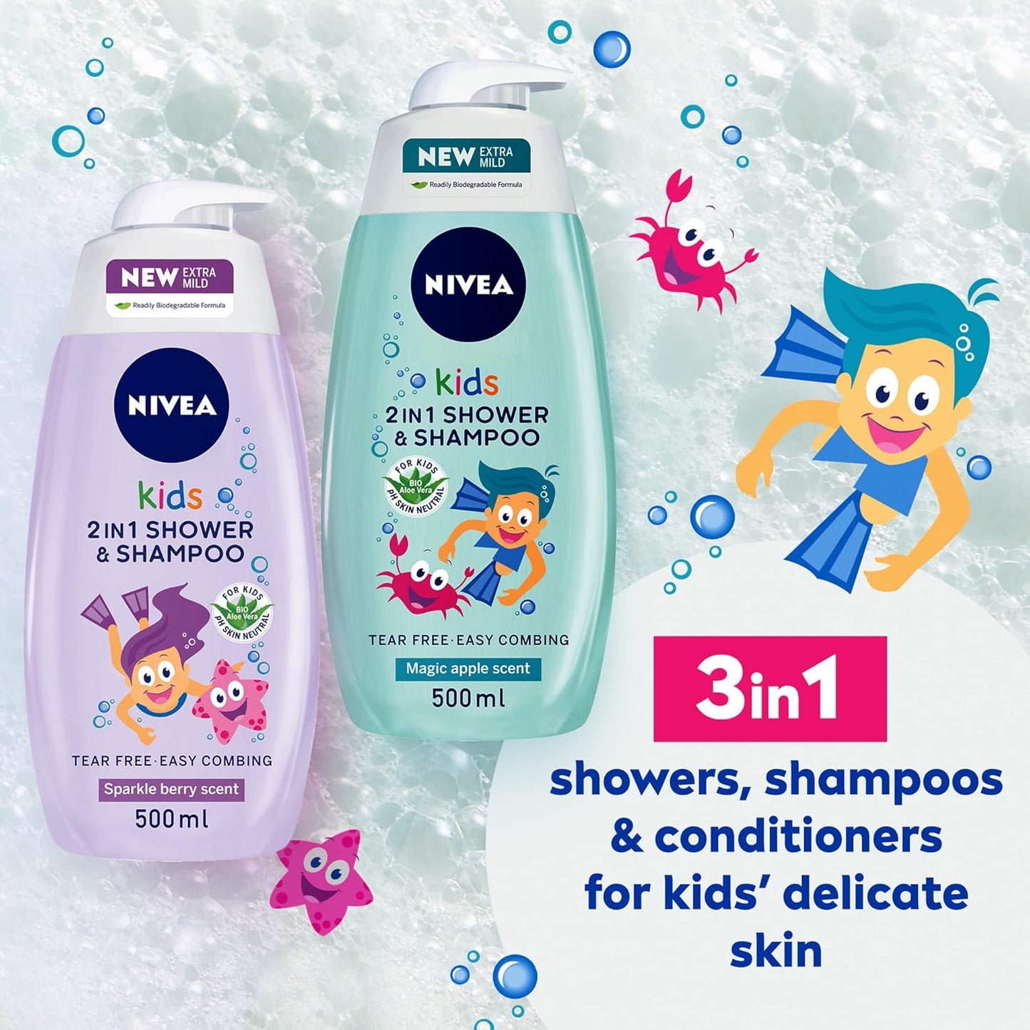 NIVEA Kids 3in1 Shower & Shampoo Bath, Bio Aloe Vera Apple Scent, 500ml