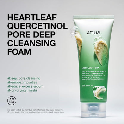 Auna Heartleaf Quercetinol Pore Deep Cleansing Foam, Facial Cleanser, for Double Cleansing, BHA, Hyaluronic Acid, Glycerin, Face Wash, Blackhead Remover, (150ml/5.07 fl.oz.)