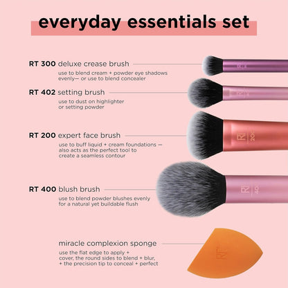 REAL TECHNIQUES The Everyday Essentials set from gives you 5 essential tools to master any look tapered, soft and fluffy bristles. Blend powder blush evenly for a smooth, natural look