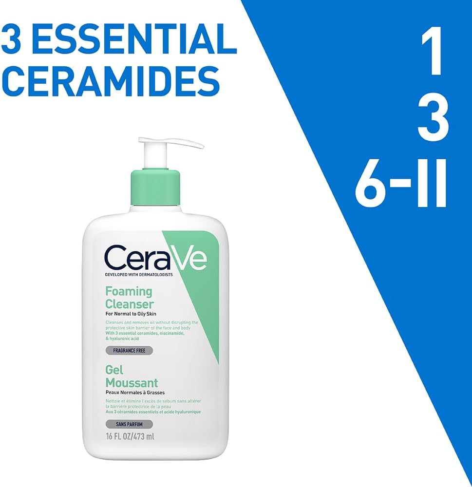 CeraVe Foaming Cleanser  Face and Body Wash for Normal to Oily Skin with Hyaluronic Acid, Niacinamide and Ceramides Fragrance Free Paraben Free  16Oz, 473 ML