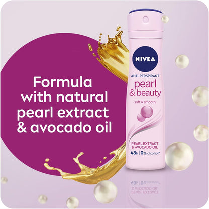 NIVEA Pearl & Beauty Antiperspirant Deodorant Spray for Women, Soft & Smooth, 48H Active Protection, 0% Alcohol, with Pearl Extract and Avocado Oil, 2x150ml, Pack of 2