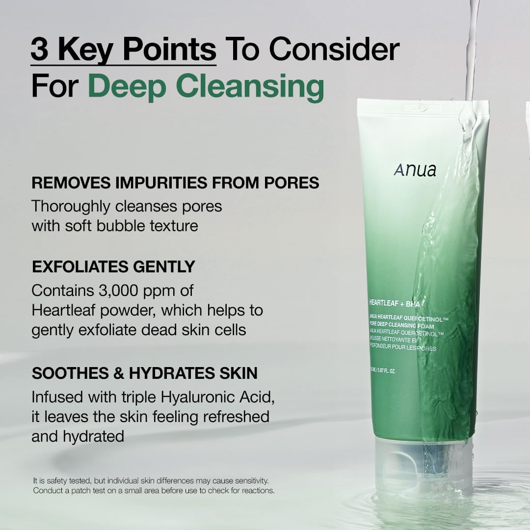 Auna Heartleaf Quercetinol Pore Deep Cleansing Foam, Facial Cleanser, for Double Cleansing, BHA, Hyaluronic Acid, Glycerin, Face Wash, Blackhead Remover, (150ml/5.07 fl.oz.)