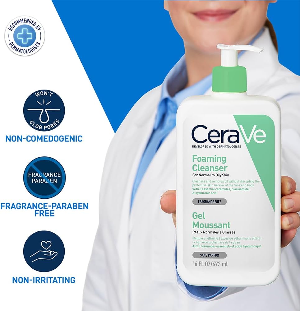 CeraVe Foaming Cleanser  Face and Body Wash for Normal to Oily Skin with Hyaluronic Acid, Niacinamide and Ceramides Fragrance Free Paraben Free  16Oz, 473 ML