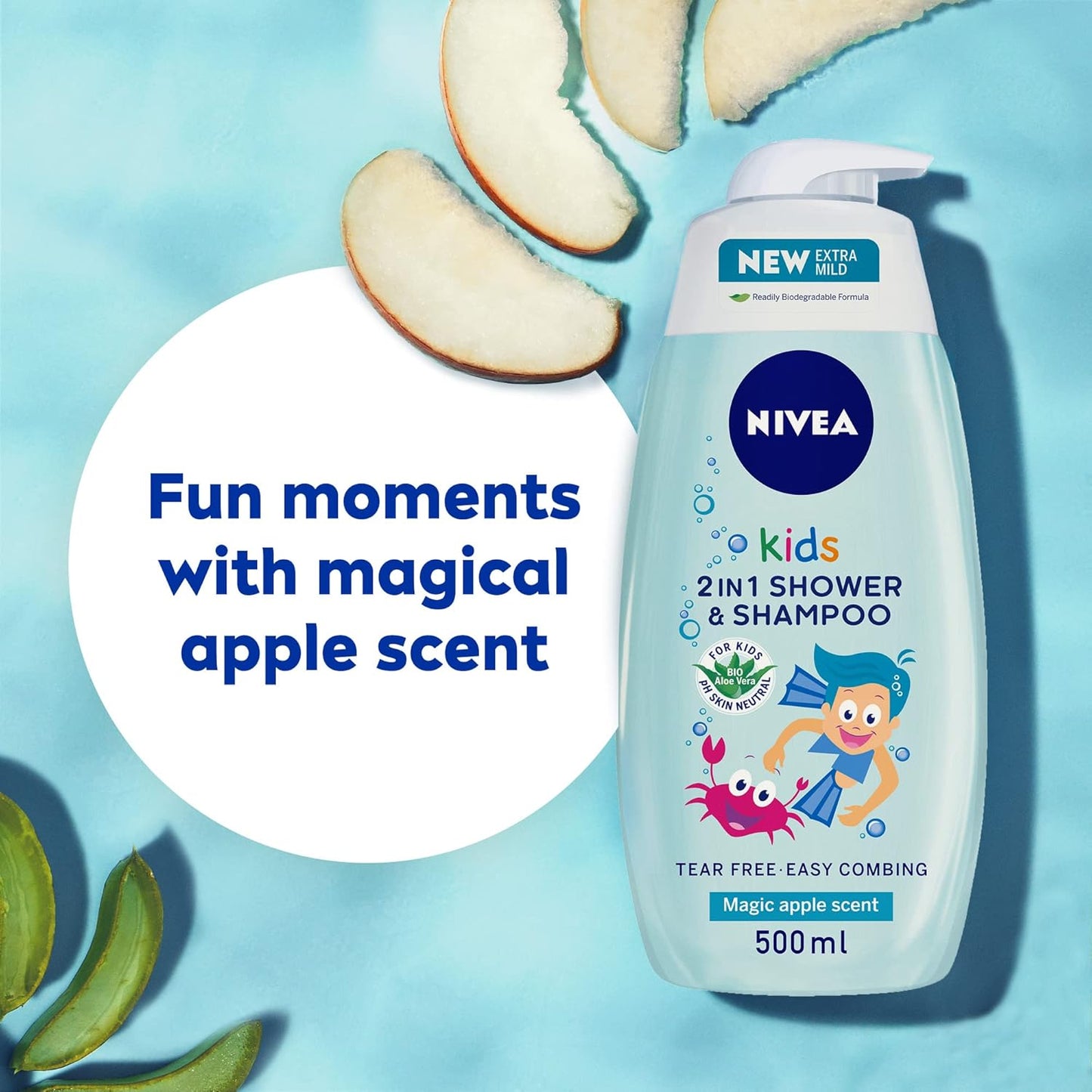 NIVEA Kids 3in1 Shower & Shampoo Bath, Bio Aloe Vera Apple Scent, 500ml