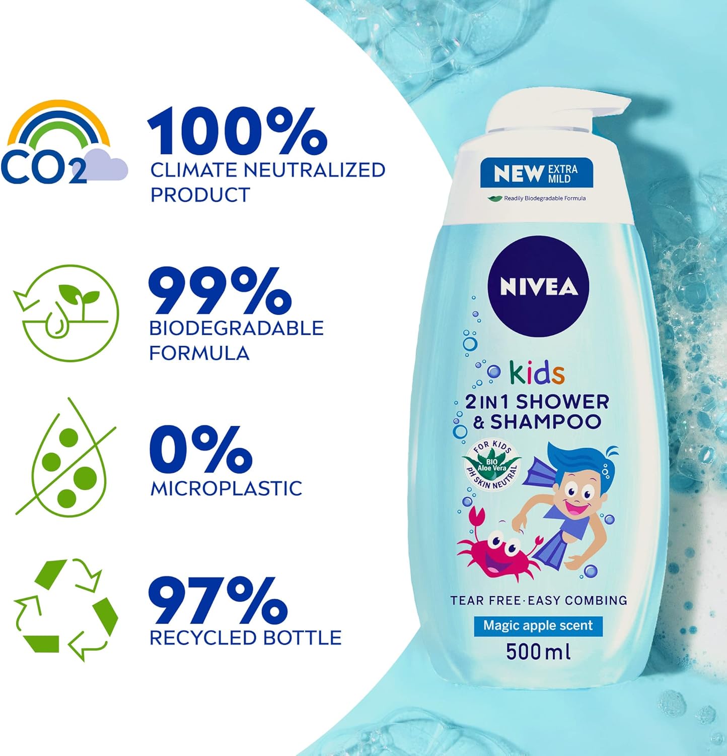 NIVEA Kids 3in1 Shower & Shampoo Bath, Bio Aloe Vera Apple Scent, 500ml