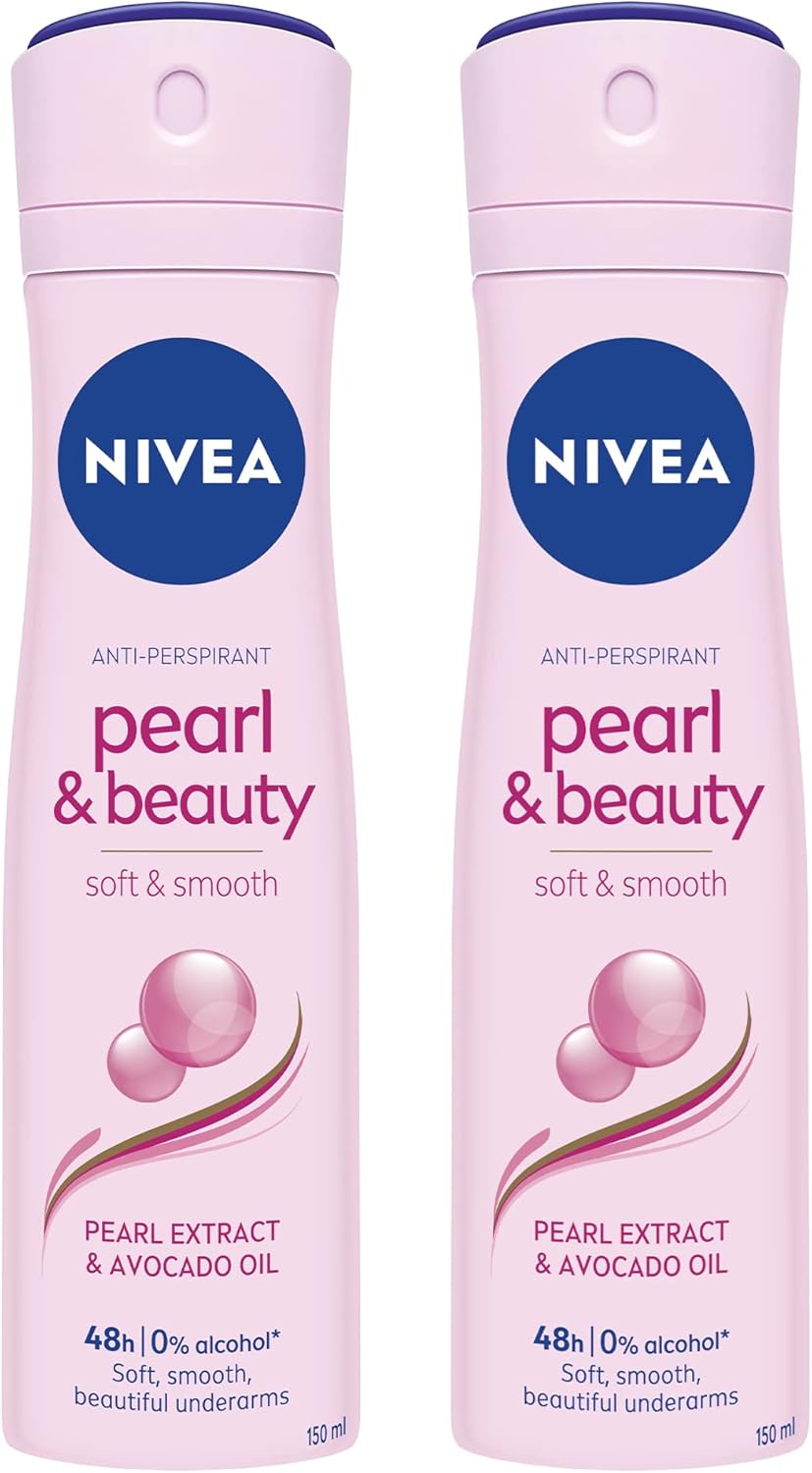 NIVEA Pearl & Beauty Antiperspirant Deodorant Spray for Women, Soft & Smooth, 48H Active Protection, 0% Alcohol, with Pearl Extract and Avocado Oil, 2x150ml, Pack of 2