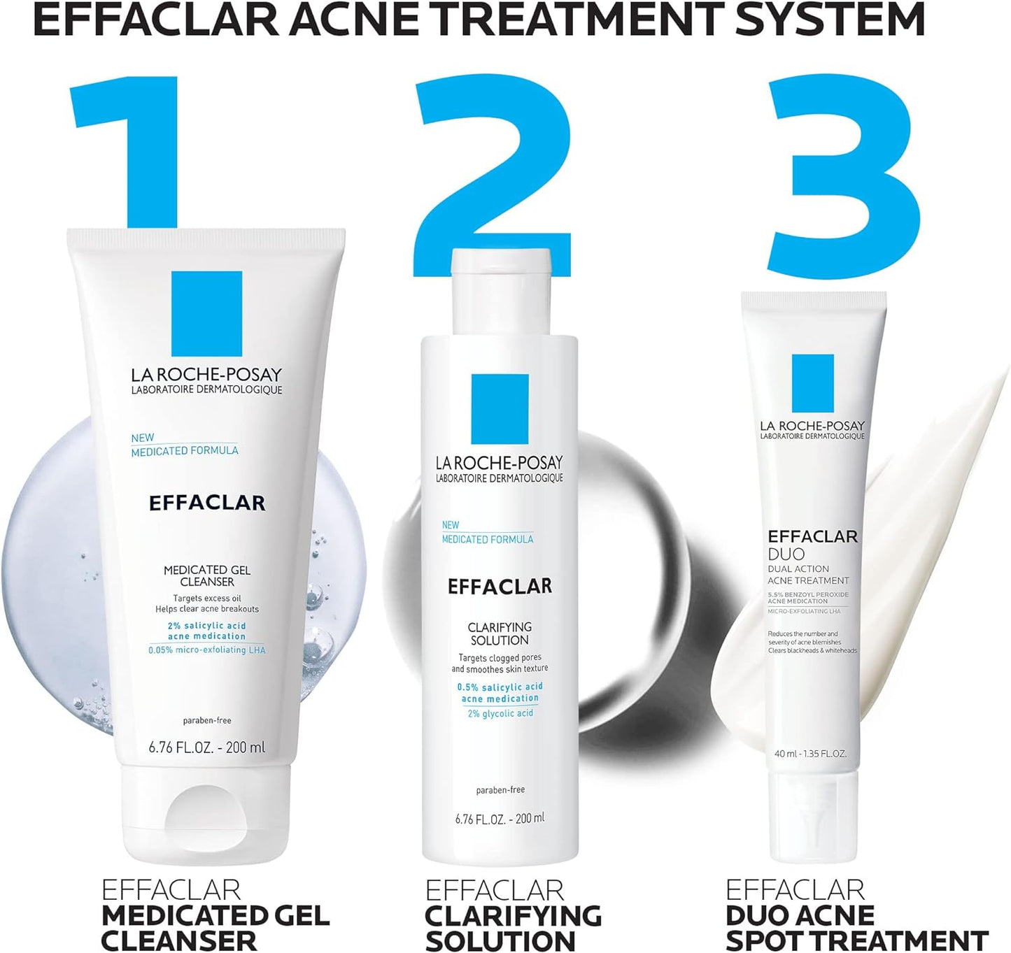 La Roche Posay Effaclar Dermatological 3 Step Acne Treatment System, Salicylic Acid Acne Cleanser, Pore Refining Toner, and Benzoyl Peroxide Acne Spot Treatment for Sensitive Skin, 2-Month Supply